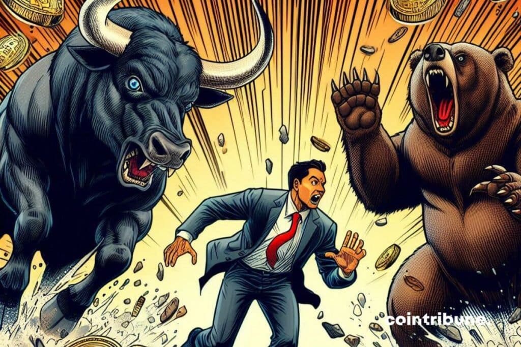 A bull and a bear chasing a bitcoin investor