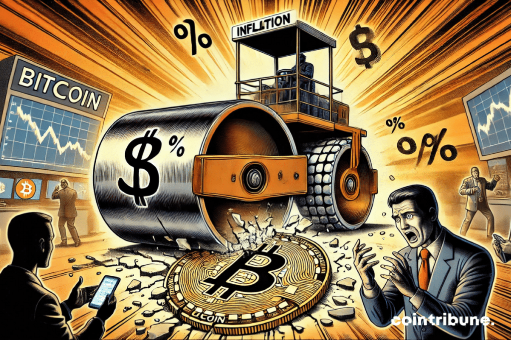 Bitcoin crushed under the weight of inflation, with a panicked trader at the forefront.