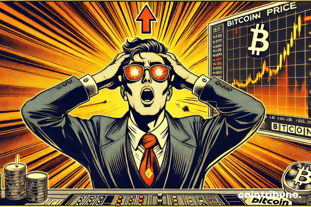 A trader in a suit, sitting in front of a giant screen, which displays a Bitcoin curve exploding upwards.