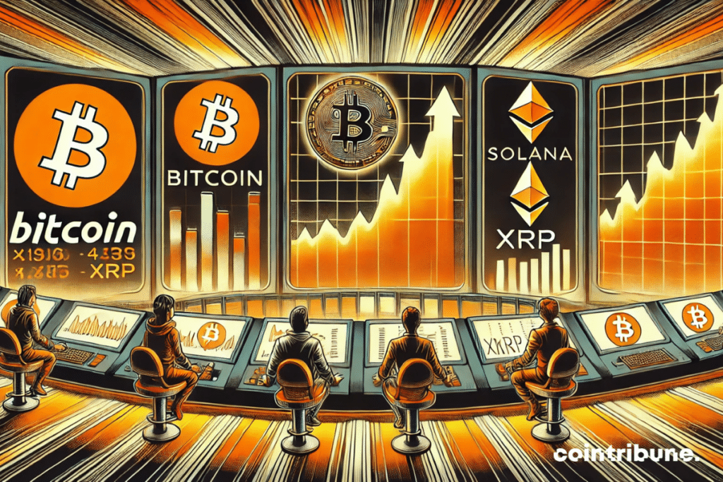 A futuristic crypto market room, with Bitcoin, Solana and XRP featured on screens.