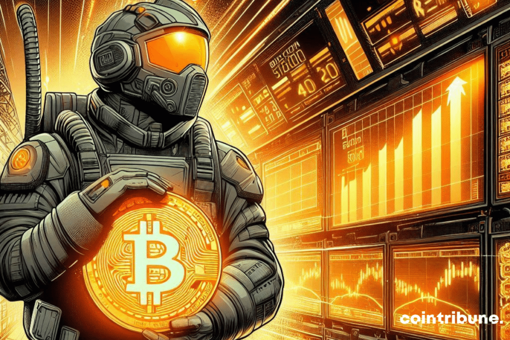 Bitcoin miners dressed in futuristic jumpsuits