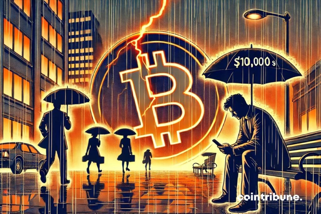 A desperate bitcoin investor sitting on a tension bench