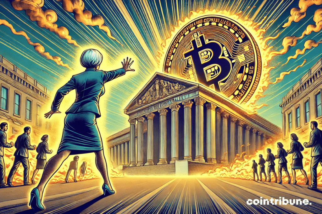 Christine Lagarde blocks a fiery bitcoin, in a dramatic atmosphere that underlines the conflict between traditional finance and crypto.