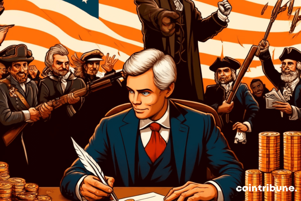 Depiction of a president signing crypto executive orders