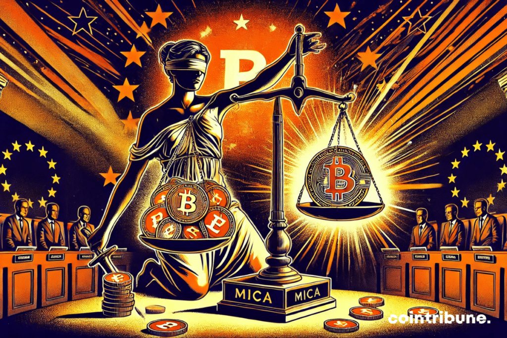 A side view showing a scale. One side is overloaded with crypto coins representing non-compliant stablecoins, while the other side shows the symbol of MiCA (represented by a scroll or official document). A symbolic EU figure holding the scales with a strict expression.