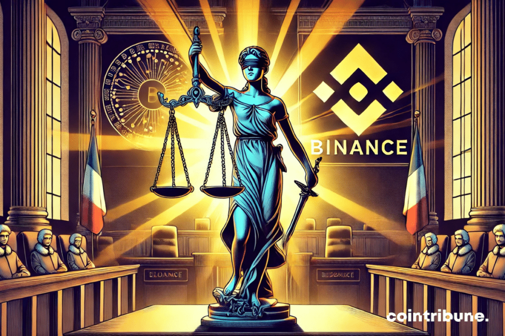 A giant balance occupies the center of the scene, highlighted in a dramatic way. On a scale of the balance rests a French flag carefully folded, surrounded by official courts. On the other tray, the logo of the Crypto Binance Exchange, made of brilliant black metal, seems heavy and imposing.