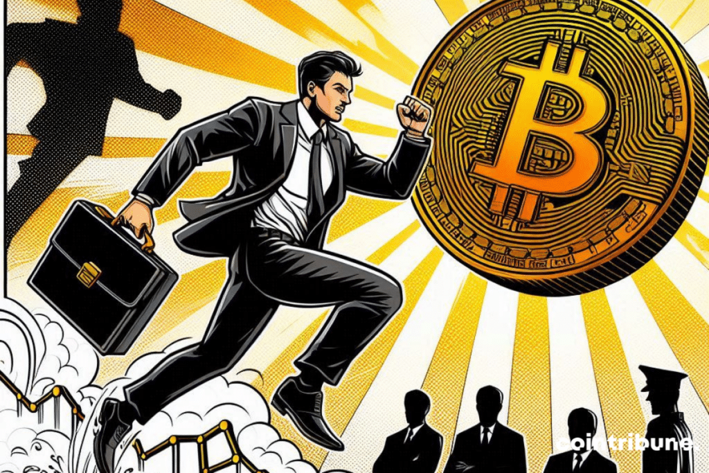Heroic banker jumping at the sight of Bitcoin