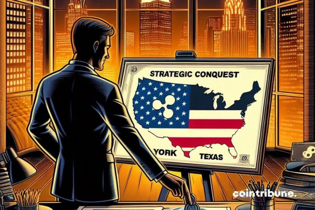 A manager of Ripple who looks at New York and Texas on a map