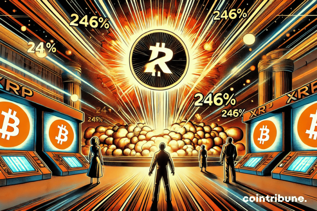 Futuristic silhouettes watch and applaud the triumphant explosion of the XRP crypto.