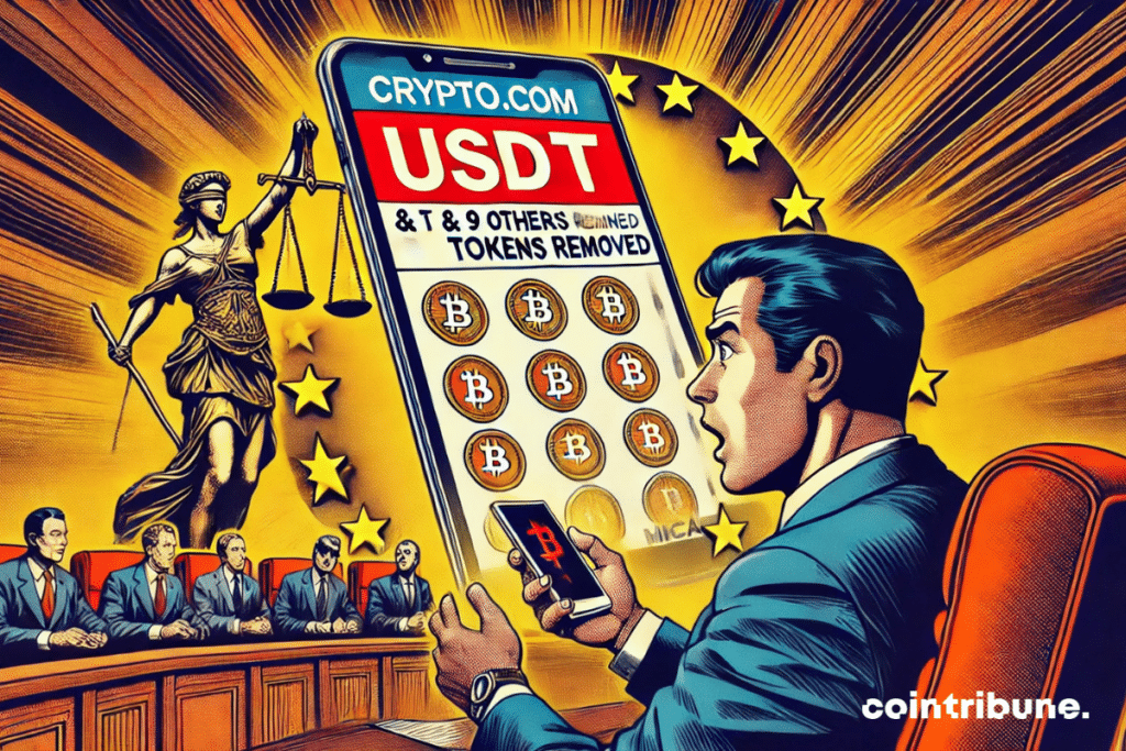 The removal of tokens like the USDT by Crypto.com under Mica regulation, with a man surprised in front of his screen and the balance of European justice in the background.