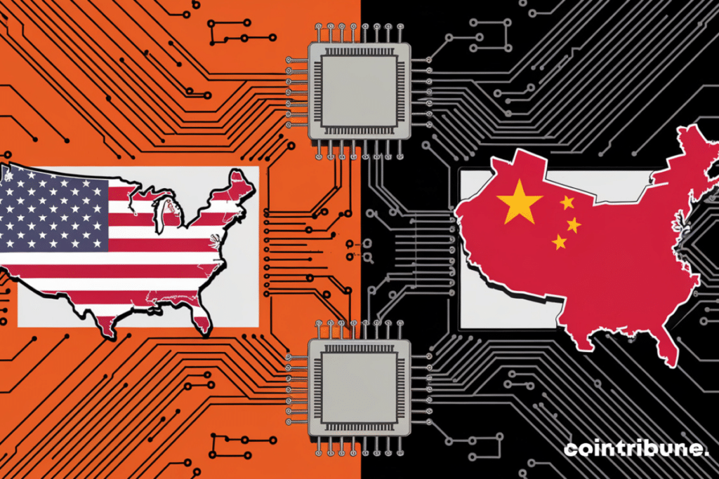 Illustration of technological and economic rivalry between China and the United States. We see the maps of the United States and China. Draw a few large processor chips connected together. The two cards resemble computer circuits. The colors of the countries must be those of their respective flags. The background is orange and black and also looks like a circuit printed with circuits going in all directions.