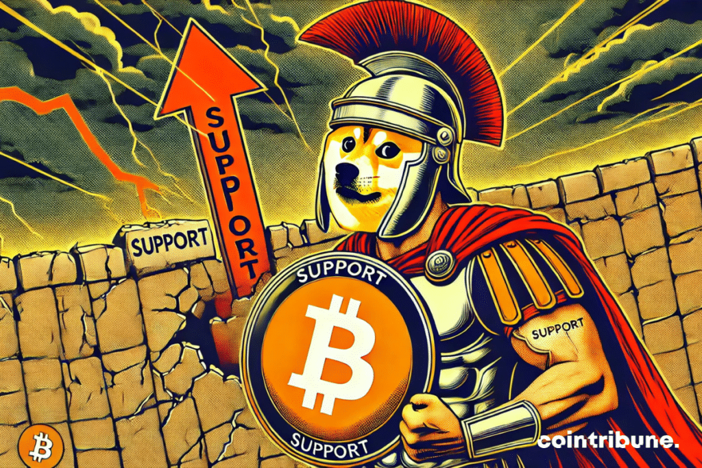 Dogecoin as a Roman warrior, repelling an attack symbolizing the fall of the market.