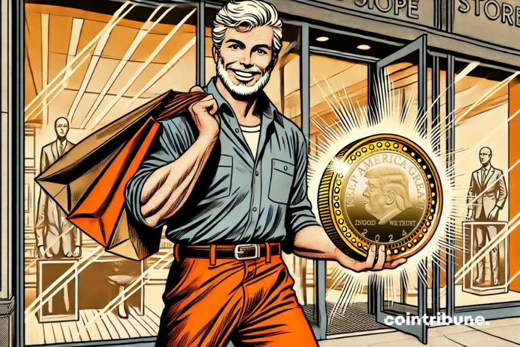 A man representing Donald Trump who comes out of a store where he used the Crypto Trump to shop