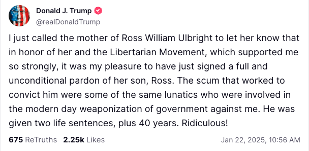 Trump's decision to pardon Ulbricht on January 21, 2025, was influenced by the support of the libertarian movement and the crypto community, who considered his sentence excessive. The president called Ulbricht's sentence