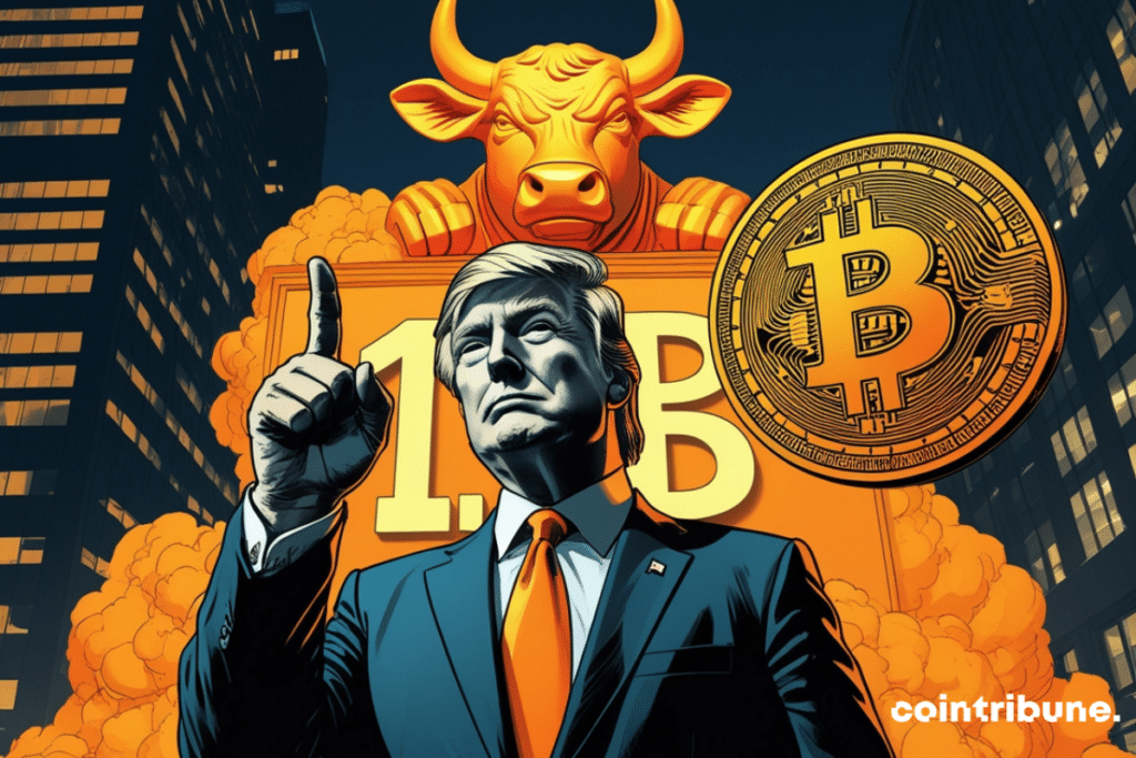 Trump at Wall Street posing in front of a Bull Bitcoin
