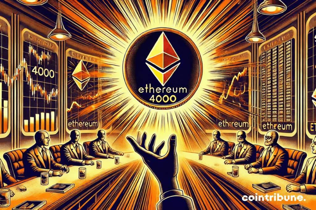 A bright Ether coin in the center, with stylized characters reflecting institutional interest in Ethereum crypto.