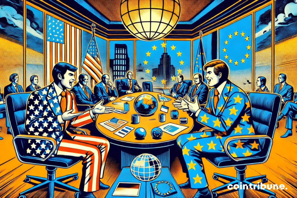 A meeting room where the two diplomats, dressed in the flags of their respective countries (United States and European Union), exchange ideas lively at the ECB.