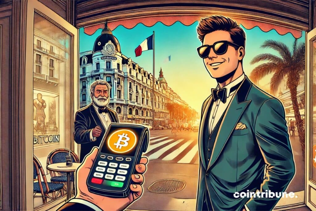a stylish trader and a tourist making a crypto transaction in Cannes.
