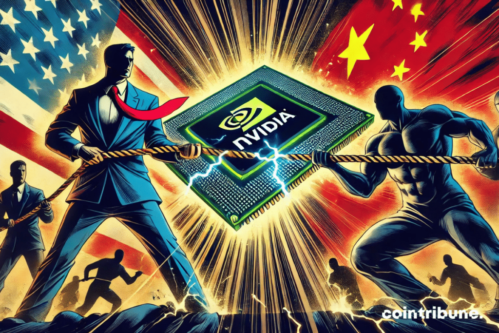A fierce struggle for controlling Nvidia fleas, symbolizing the technological conflict between the United States and China.