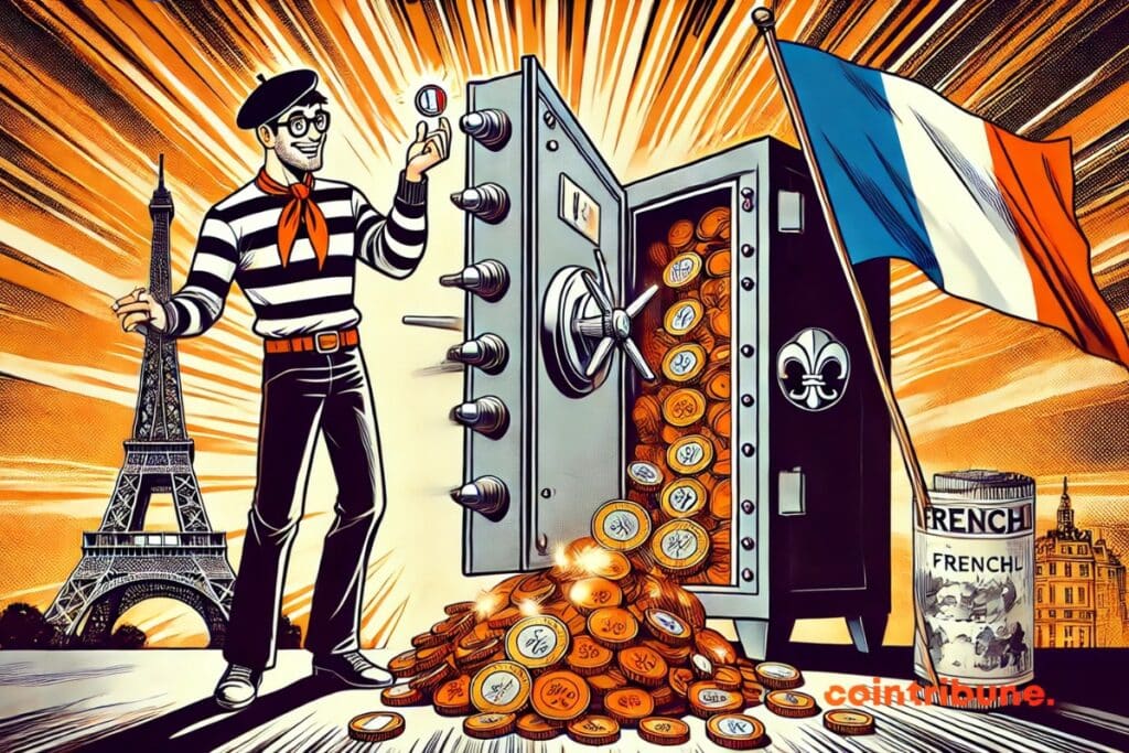 A Frenchman in front of a safe full of money, symbolizing the earnings reported in 2024 by the Livret A