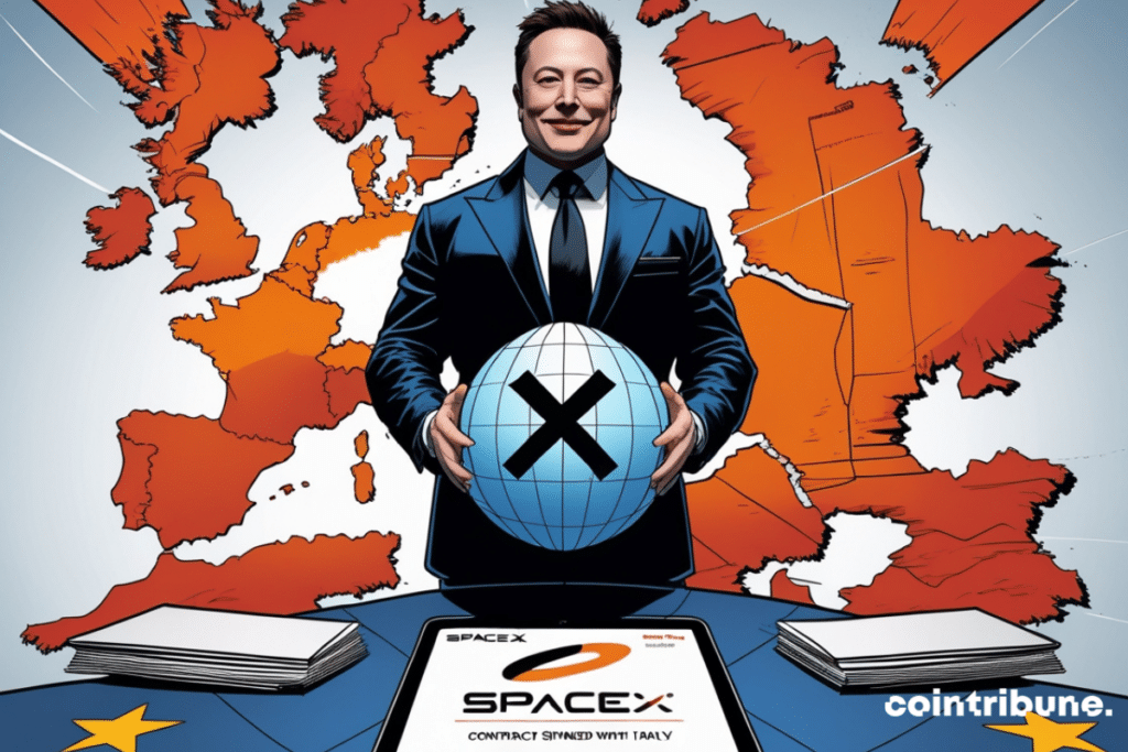 Elon Musk holding an X globe, he is positioned in front of a world map
