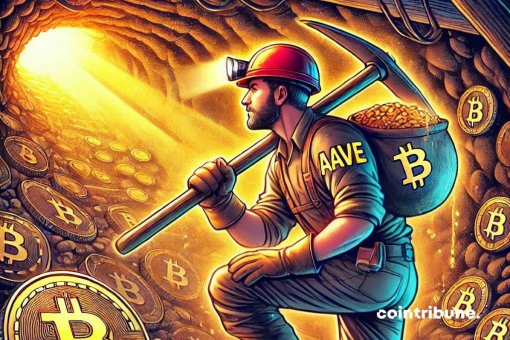 An Aave miner in a bitcoin mine, harvesting BTC coins
