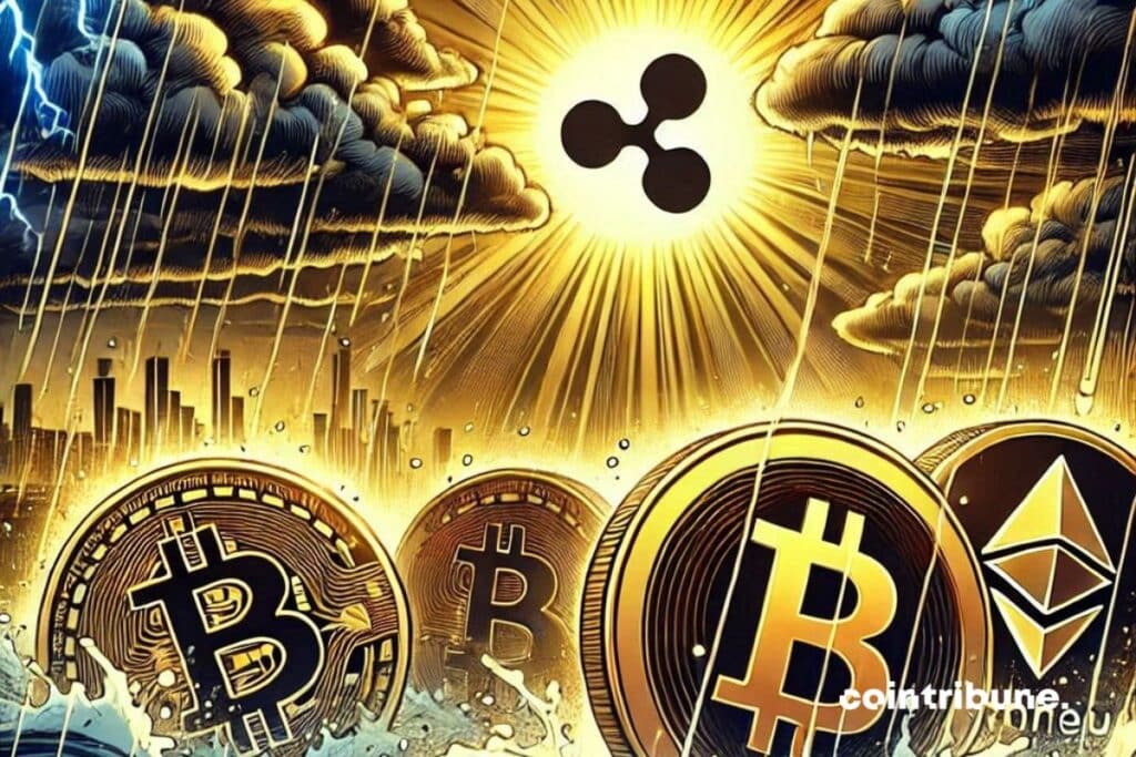 Crypto volatility in a stormy market, Ripple shining like a sun through the clouds, Bitcoin and Ethereum affected by rain or wind.
