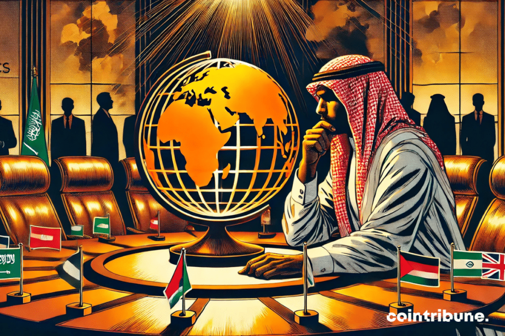 A luxurious conference room, with warm and golden tones, adorned with typically Saudi decorative elements (like the palm and the crossed sabers engraved on the walls or columns). The scene is seen in partial diving, centered on a man seated at a circular table with an elegant design. A man from Saudi Arabia dressed in a white Thawb and a red and white keffiEh, leaning slightly forward. His expression is concentrated, the eyebrows slightly frowning, and he seems to be immersed in his thoughts. Before him, a terrestrial globe partially illuminated in orange, where the member countries of the BRICS are highlighted.