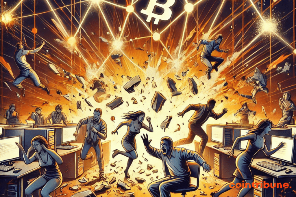 Dramatic illustration from the 90s showing a blockchain crisis