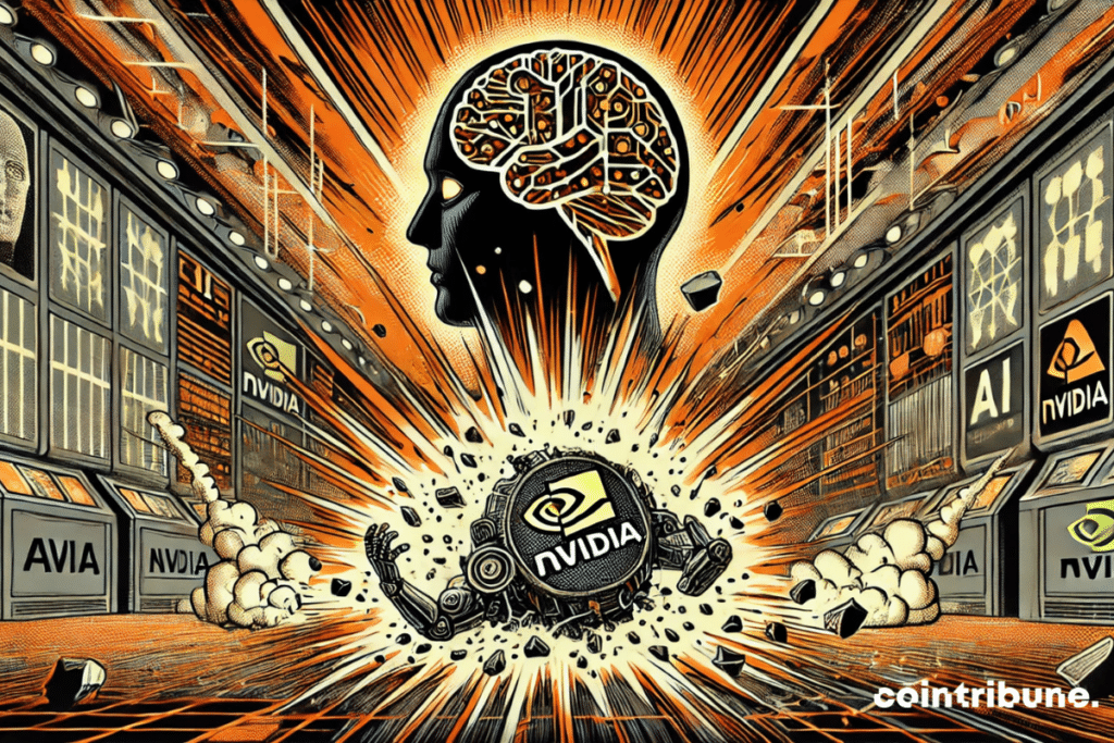 An artificial intelligence crushing a small robot marked with the Nvidia logo