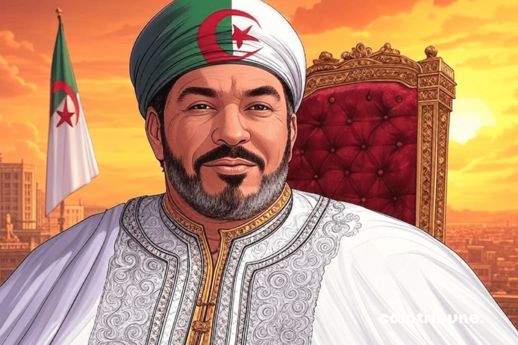 Portrait of a smiling man in traditional Algerian clothing, wearing a turban in the colors of the Algerian flag