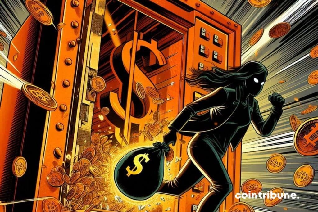 A woman representing the memecoin Melania who runs away with a bag full of money