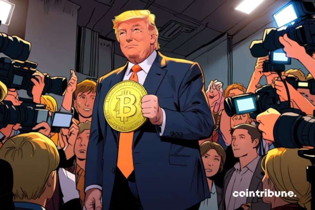 Donald Trump with the Bitcoin crypto in hand in front of the media
