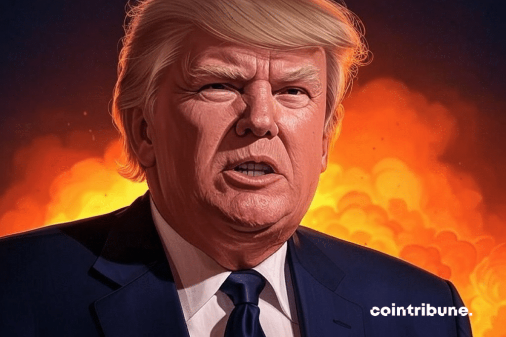 Portrait of Donald Trump in navy blue suit and blue tie, against a background of orange explosions