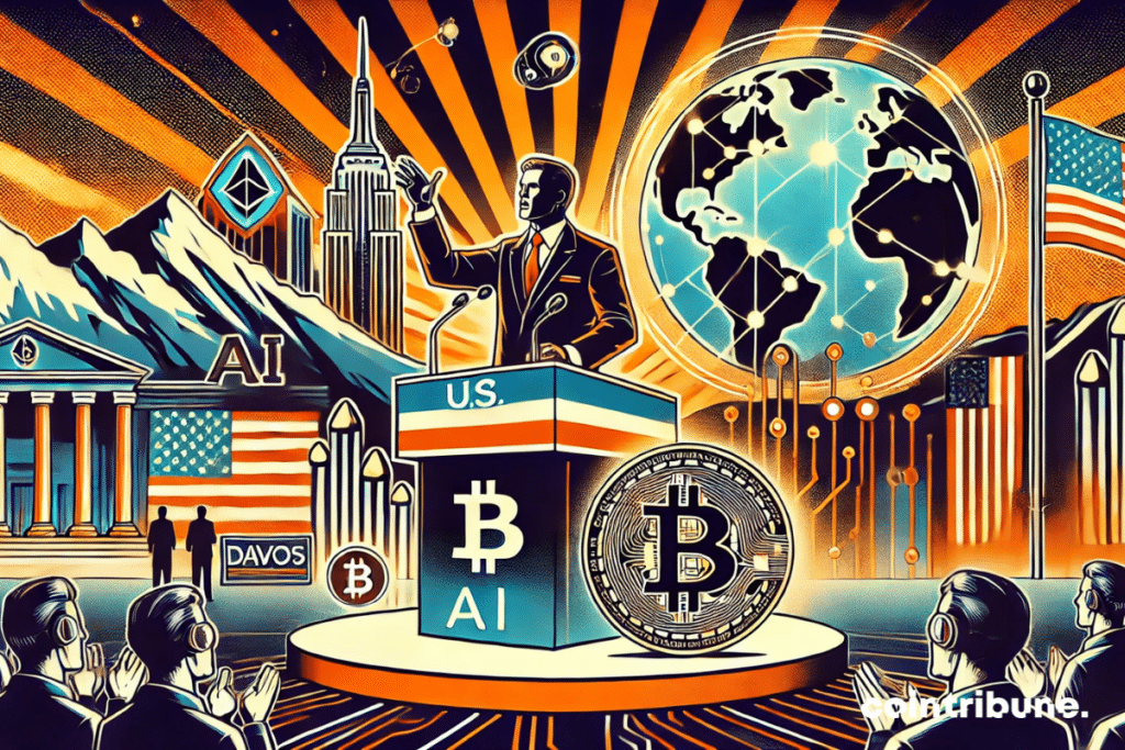 A futuristic podium with a charismatic figure speaking in front of a glowing globe representing Trump the President of the United States, surrounded by digital circuits to symbolize AI and a giant Bitcoin crypto coin. The stylized Alps and futuristic buildings form the background and symbolize Davos.