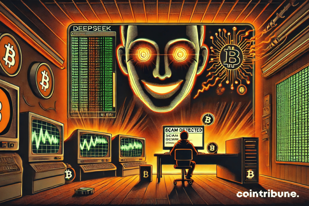 The scene takes place in a dark room, lit by the central screen of a giant computer. On the screen, a stylized digital face, representing the Deepseek AI, is displayed with a disturbing smile. A crypto investor seated in front of his laptop, eyes wide and an expression of fear.