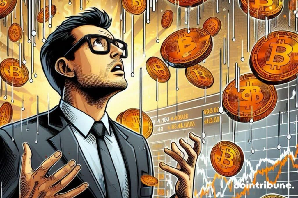 A crypto investor in a bitcoin rain, his face worried
