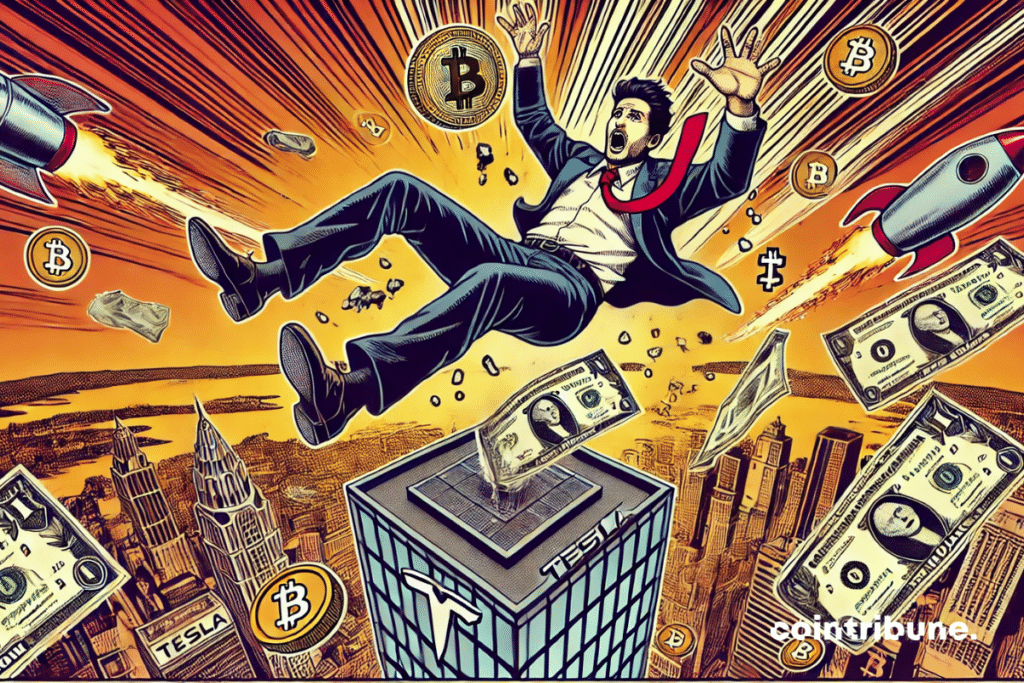 A businessman (musk) in free fall, trying to catch a bitcoin and a logo inspired by Tesla, symbolizing a financial debacle.