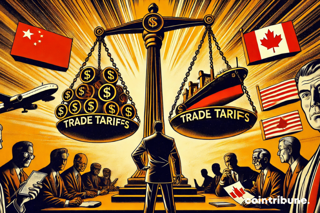 The economic confrontation between Trump, Canada, China and Mexico in the form of an unbalanced trade balance. The businessman in red costume observes the scene, while the Chinese and Canadian figures try to counterbalance commercial taxes.