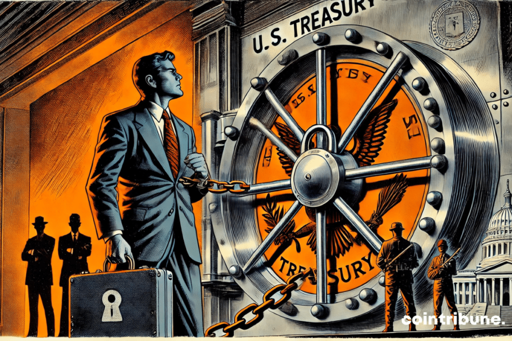 A frustrated businessman (musk) tries to open a armored door marked with the seal of the American treasury, while government figures observe him in the shadows.