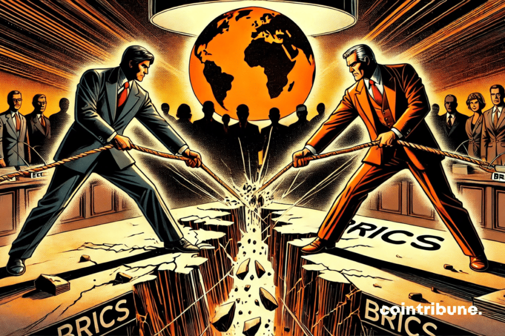The dramatic tension around the collapse of the BRICS with characters symbolizing two opposite forces (Trump and Putin).