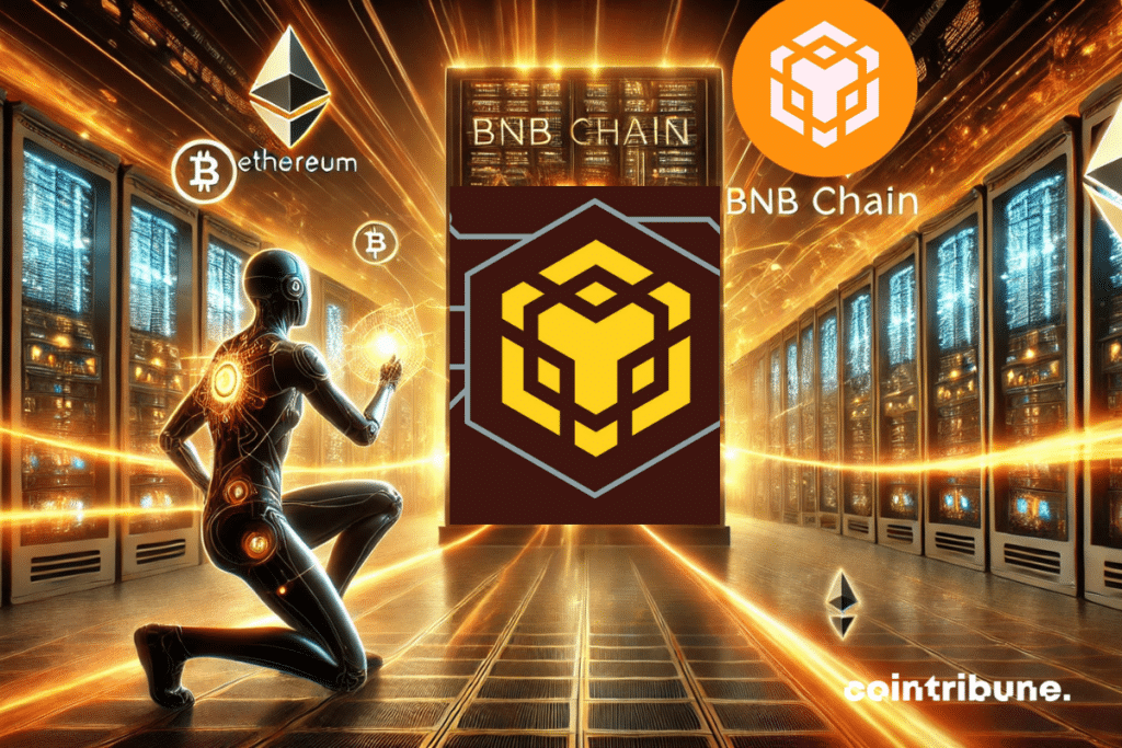 A high-tech futuristic environment with an illuminated blockchain server, data flows converging towards a central point in Binance