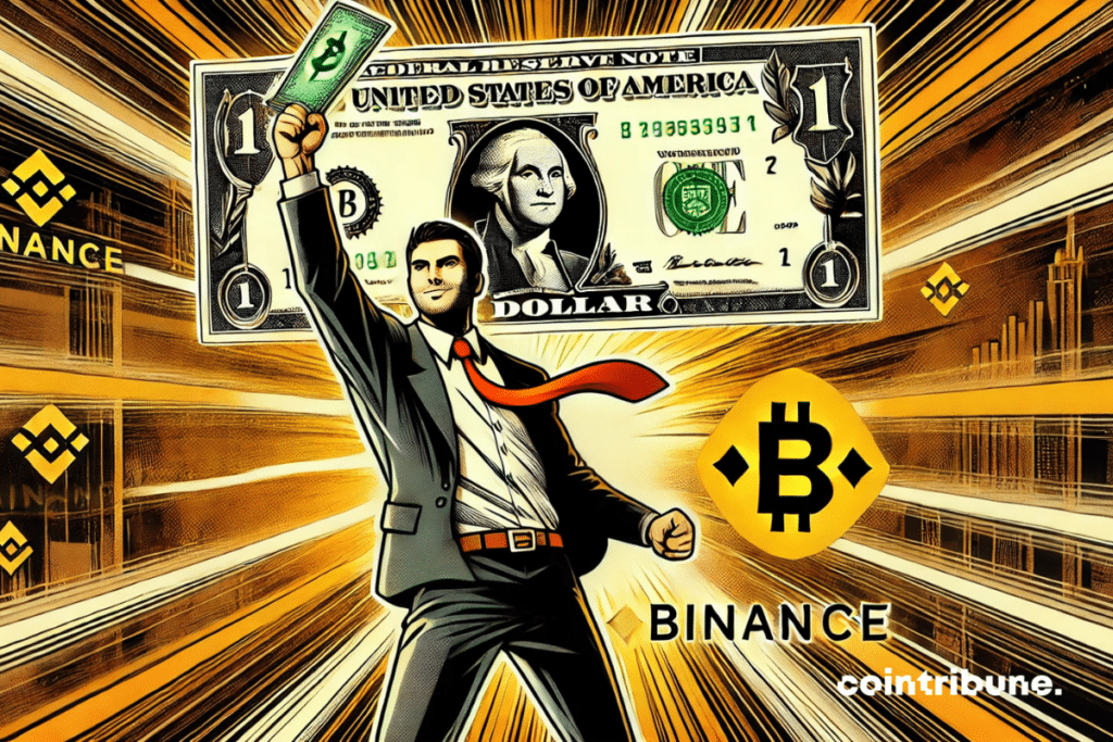 A character dressed in a costume, lifts a large 1 dollar note with the shiny binance logo in the background