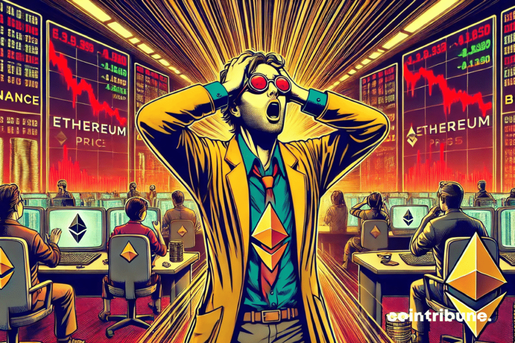 A binance trader in panic in a chaotic market room, with screens displaying a sudden fall of Ethereum