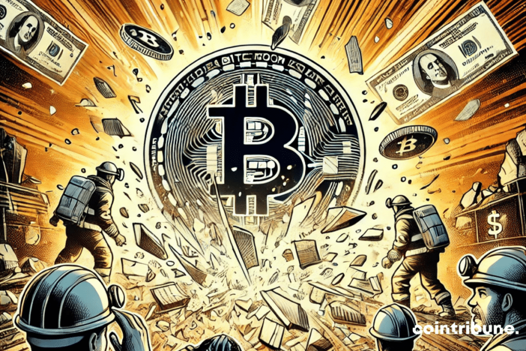 The image shows a gigantic bitcoin broken in pieces