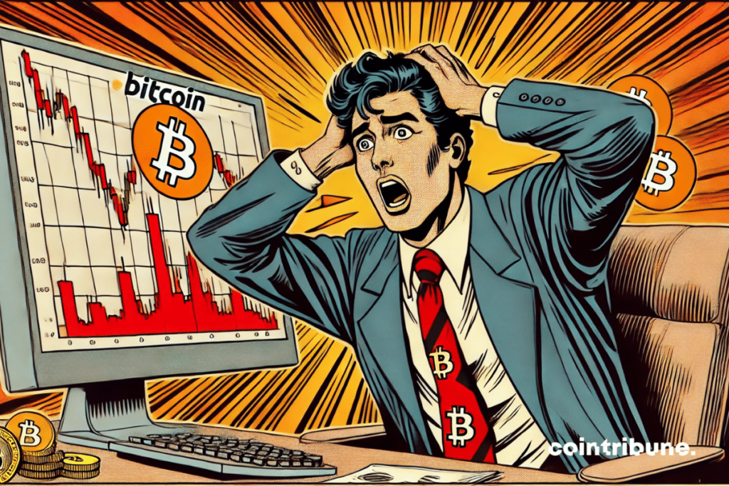 A panicked investor in front of a red screen displaying the fall of Bitcoin.