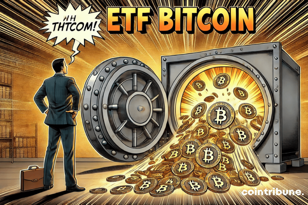 Bitcoins escape en masse under the shocked gaze of a helpless investor which symbolizes the fundraising of ETFs.