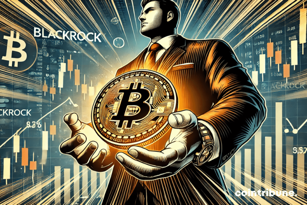 The giant BlackRock holding a huge bitcoin! It perfectly illustrates the rise of its investment.