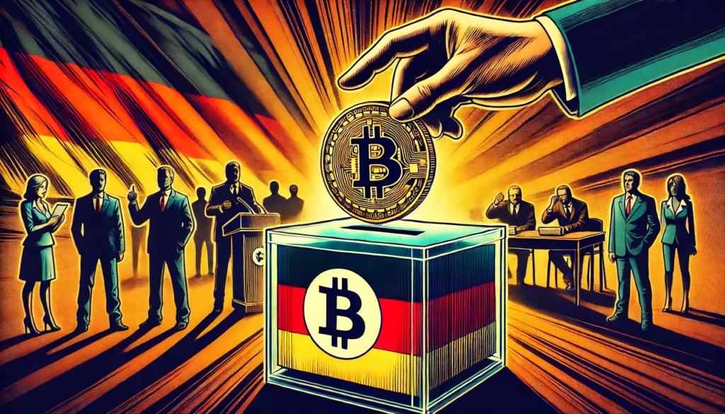A huge bitcoin falling into an electoral urn in the colors of Germany, with a mysterious hand that deposits it. In the background, silhouettes of politicians in full debate add to tension.