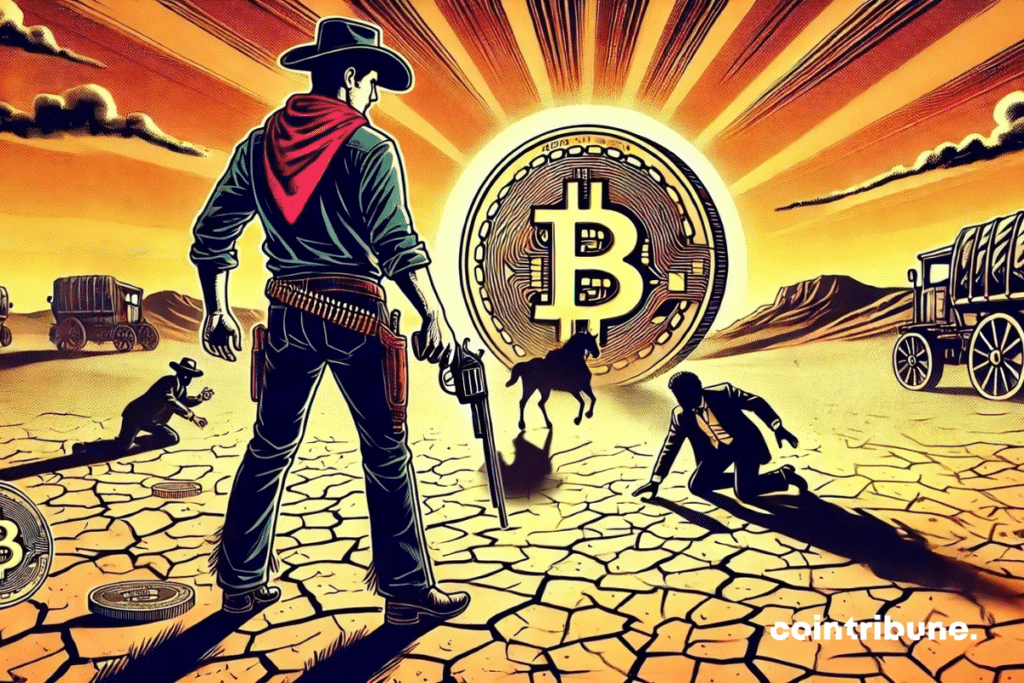 An armed cowboy faces kneeling opponents in a duel symbolizing Bitcoin's domination in a West West setting.
